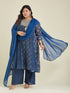 Janasya Women's Plus Size Dark Blue Georgette Ajrakh Printed Embellished Anarkali Kurta Set